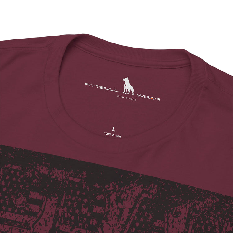 Fitbull fitness t-shirt with a graphic of a dog and urban cityscape maroon logo.