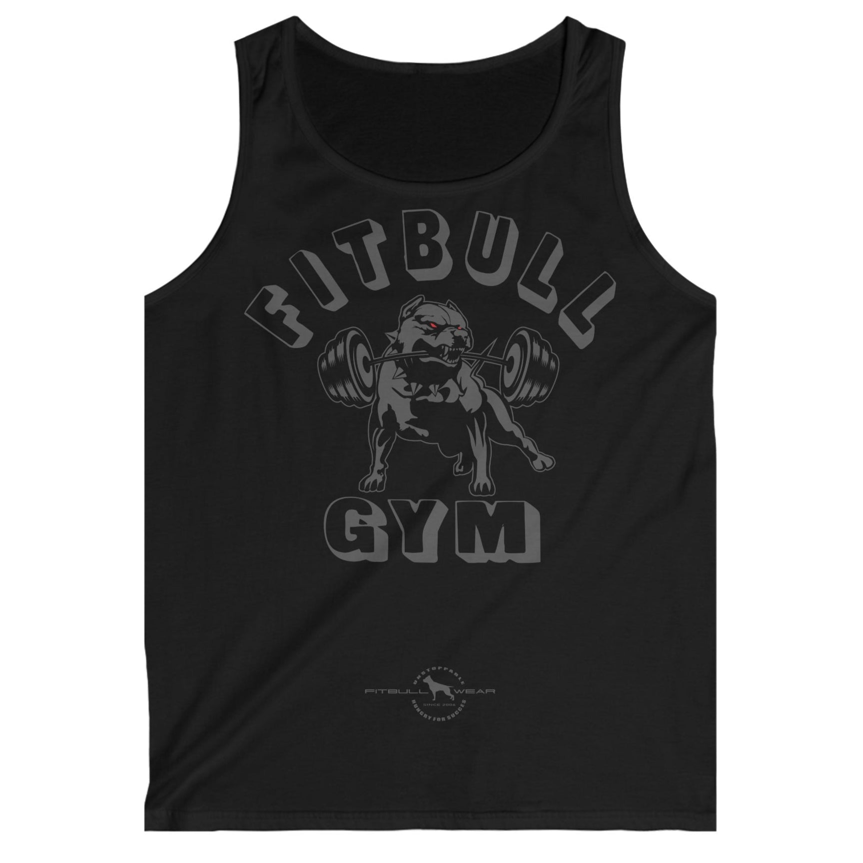 a black Fitbull sports tank top branded with the Fitbull Fit Wear logo and a motivating print.