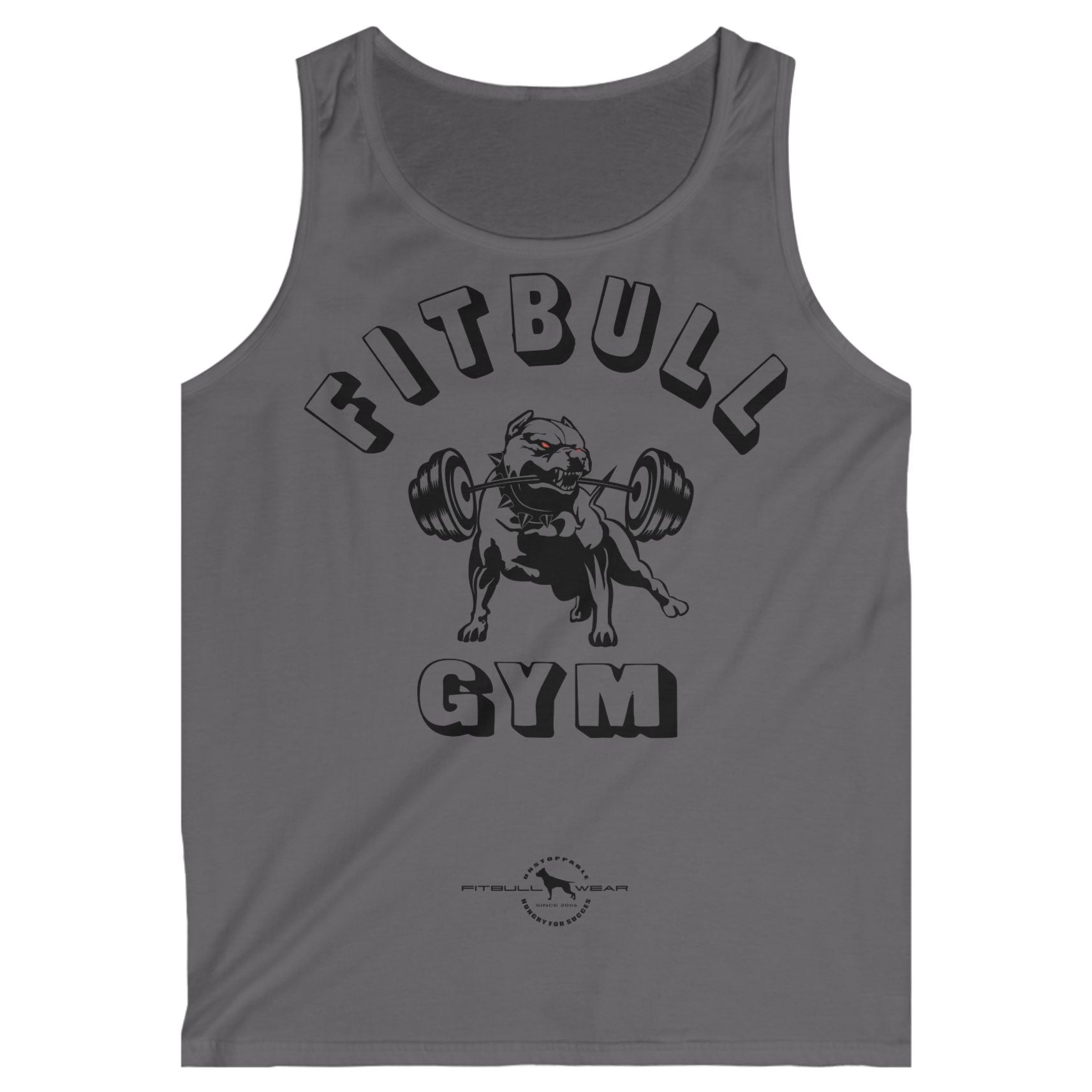 a sport grey Fitbull sports tank top branded with the Fitbull Fit Wear logo and a motivating print.