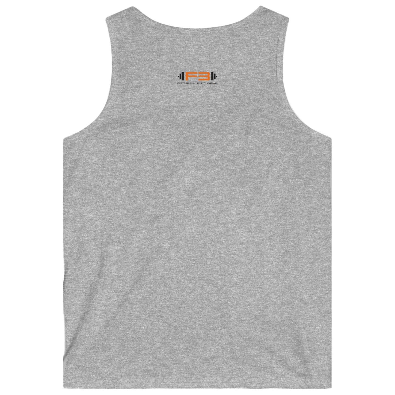 a grey Fitbull sports tank top branded with the Fitbull Fit Wear logo back view