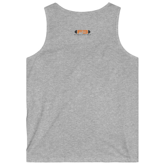 a grey Fitbull sports tank top branded with the Fitbull Fit Wear logo back view