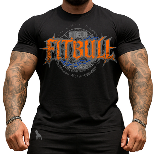 Man wearing a black fitness motivating t-shirt with 'FITBULL' logo.