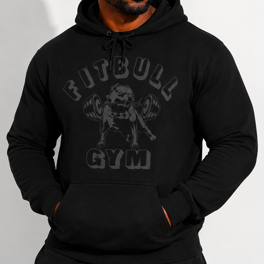 Man wearing a black hoodie with 'Fitbull Gym' logo on a white background