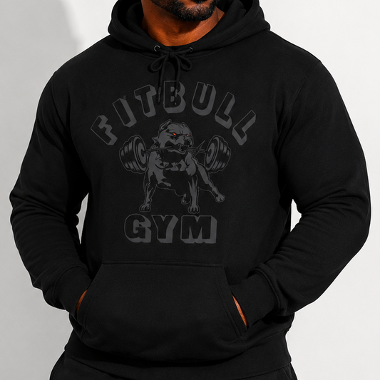 Man wearing a black hoodie with 'Fitbull Gym' logo on a white background
