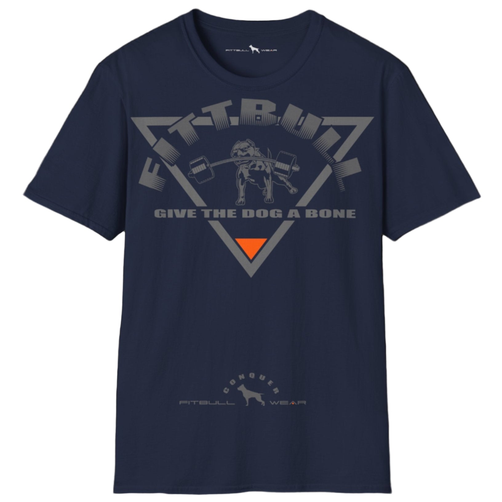 navy blue Fitbull T-shirt with a logo and a motivational print