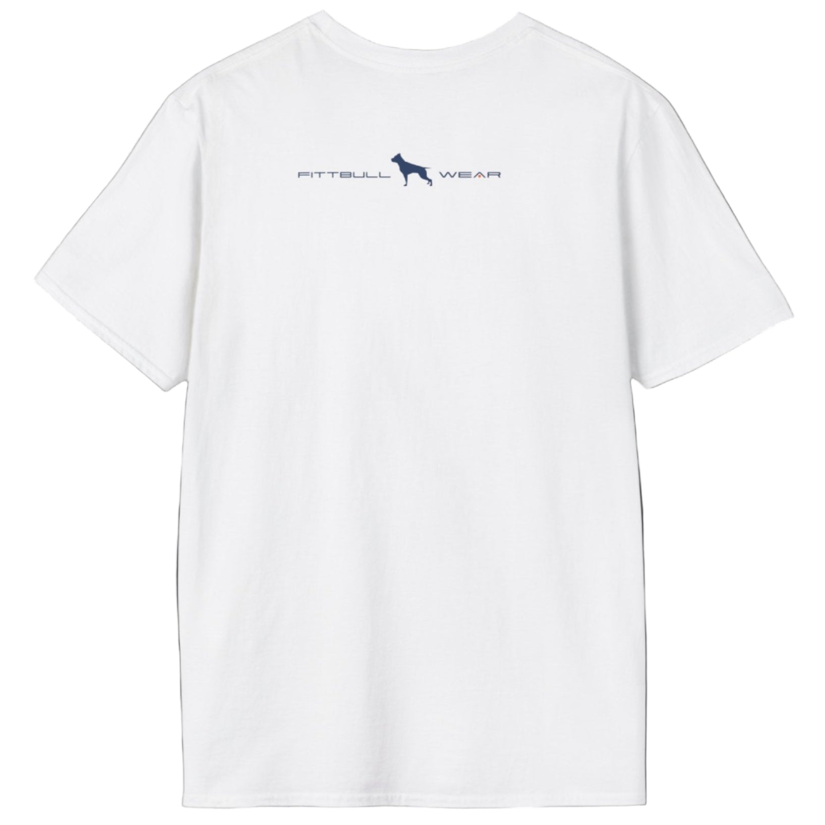 White Fitbull T-shirt with logo and motivating design Fitbull Gym back view.