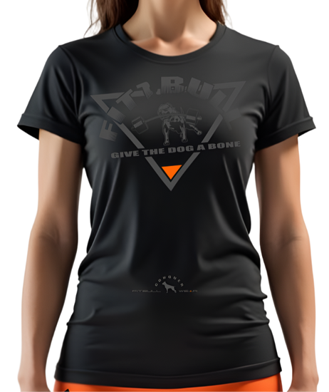A female bodybuilder wearing a blackFitbull T-shirt with a logo and a motivational print.