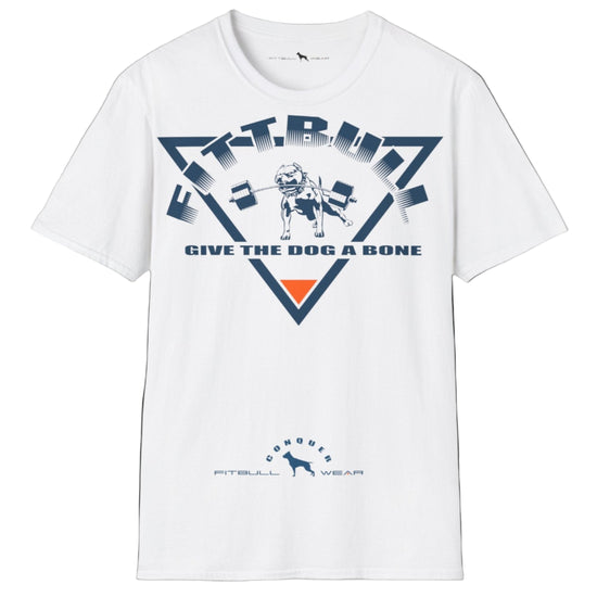white Fitbull T-shirt with a logo and a motivational print. 
