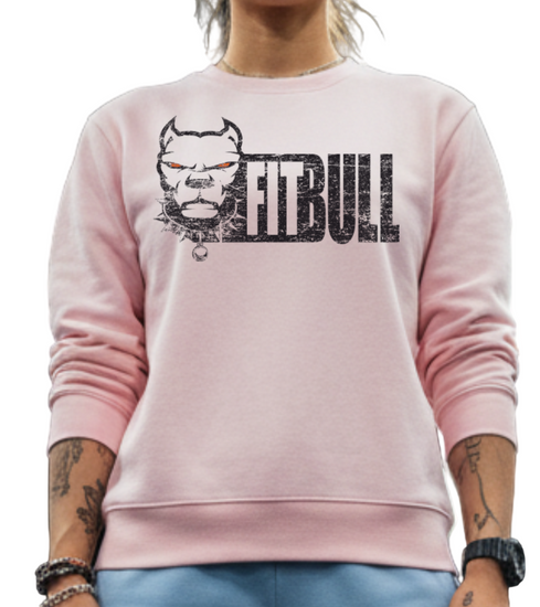 Person wearing a sporty pink sweatshirt with 'FitBull' logo in a gym setting