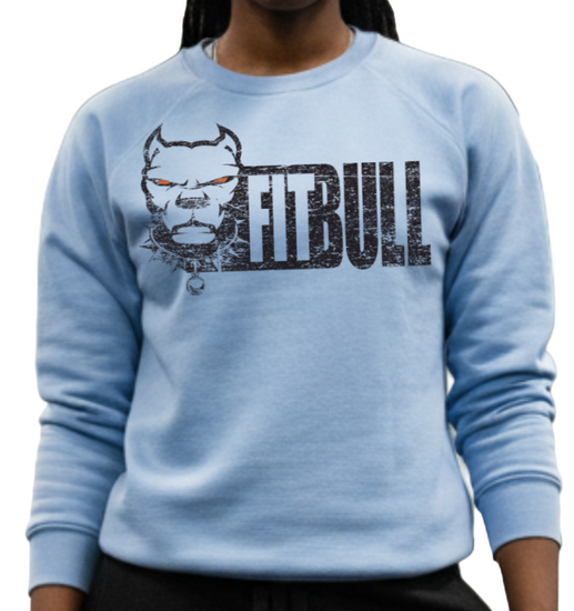 Person wearing a light blue Fitbull fitness sweatshirt with a logo in a gym setting