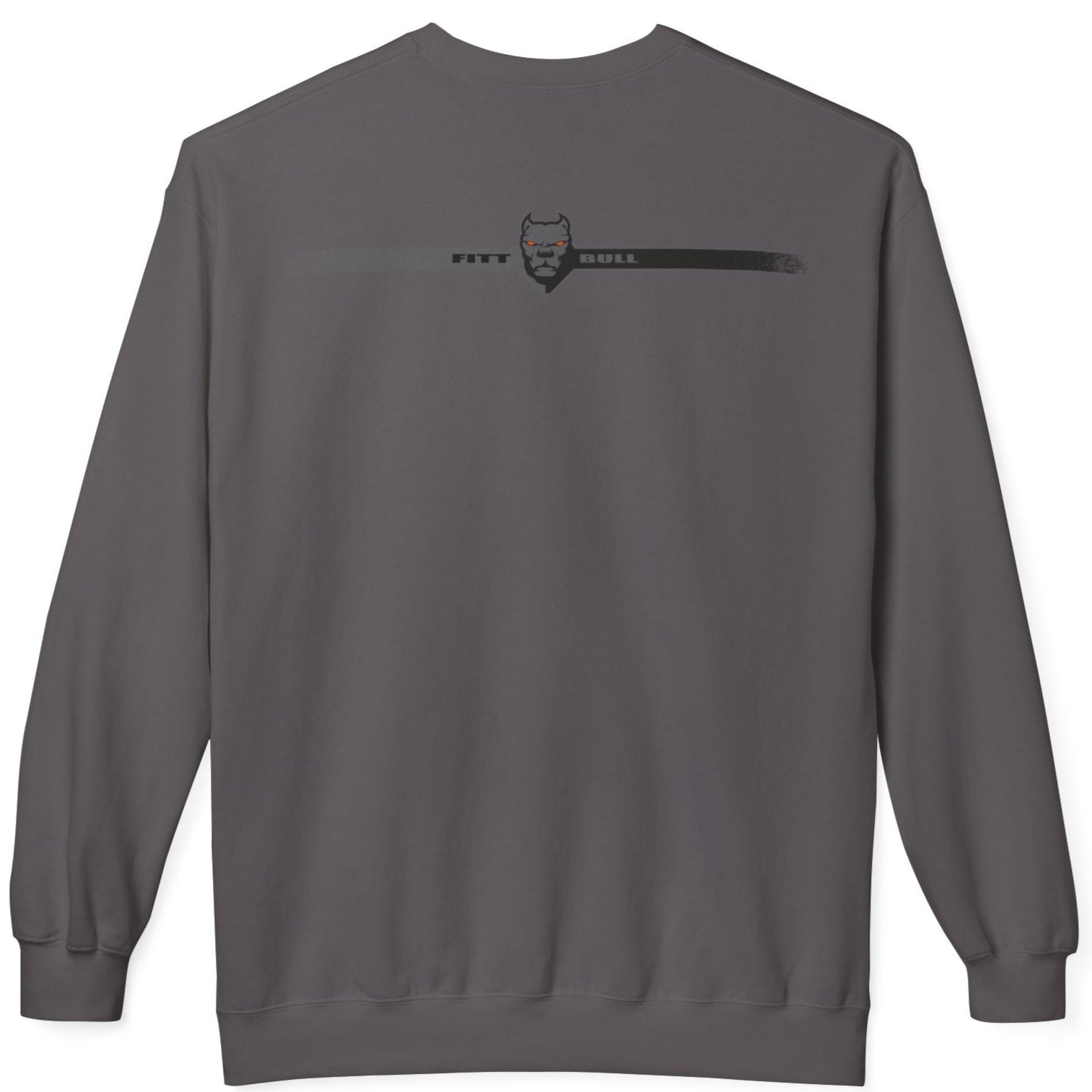 Gray Fitbull bodybuilding sweatshirt with a logo on the back against a white background