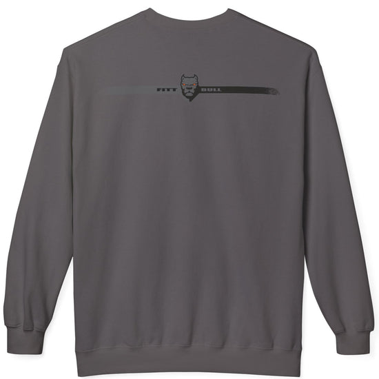 Gray Fitbull bodybuilding sweatshirt with a logo on the back against a white background