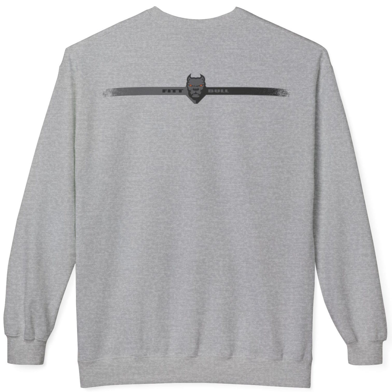 Gray Fitbull bodybuilding sweatshirt with a logo on the back against a white background