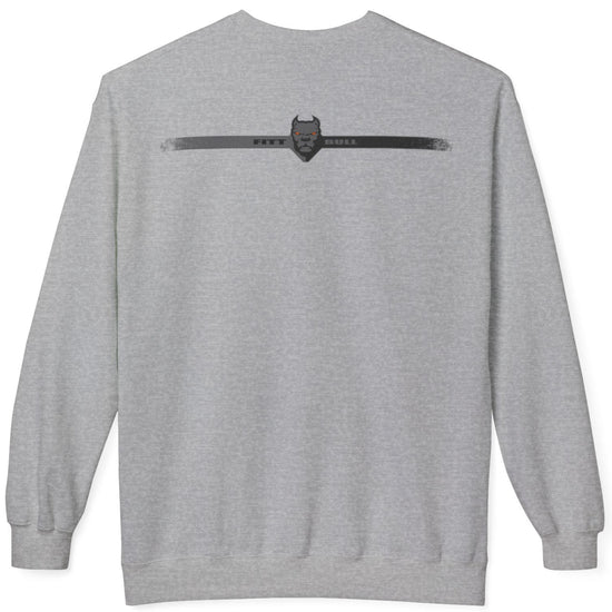 Gray Fitbull bodybuilding sweatshirt with a logo on the back against a white background