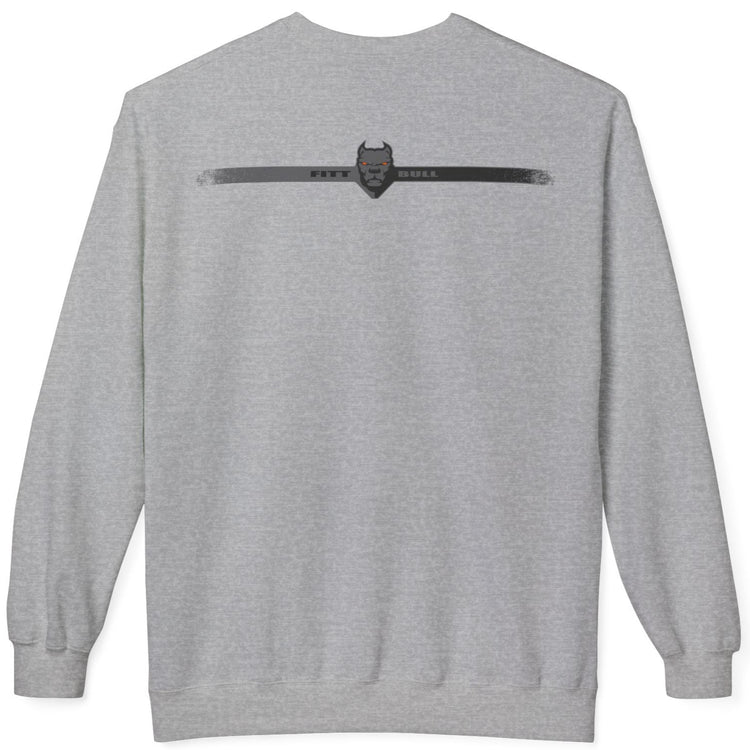 Gray Fitbull bodybuilding sweatshirt with a logo on the back against a white background
