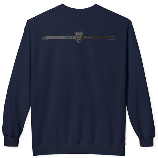 Navy blue Fitbull bodybuilding  sweatshirt with a logo on the back against a white background