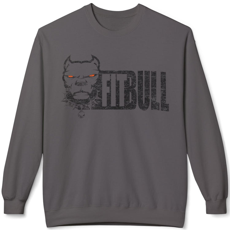 Gray bodybuilding sweatshirt with a graphic of a dog's head and the word 'FITBULL' on a white background