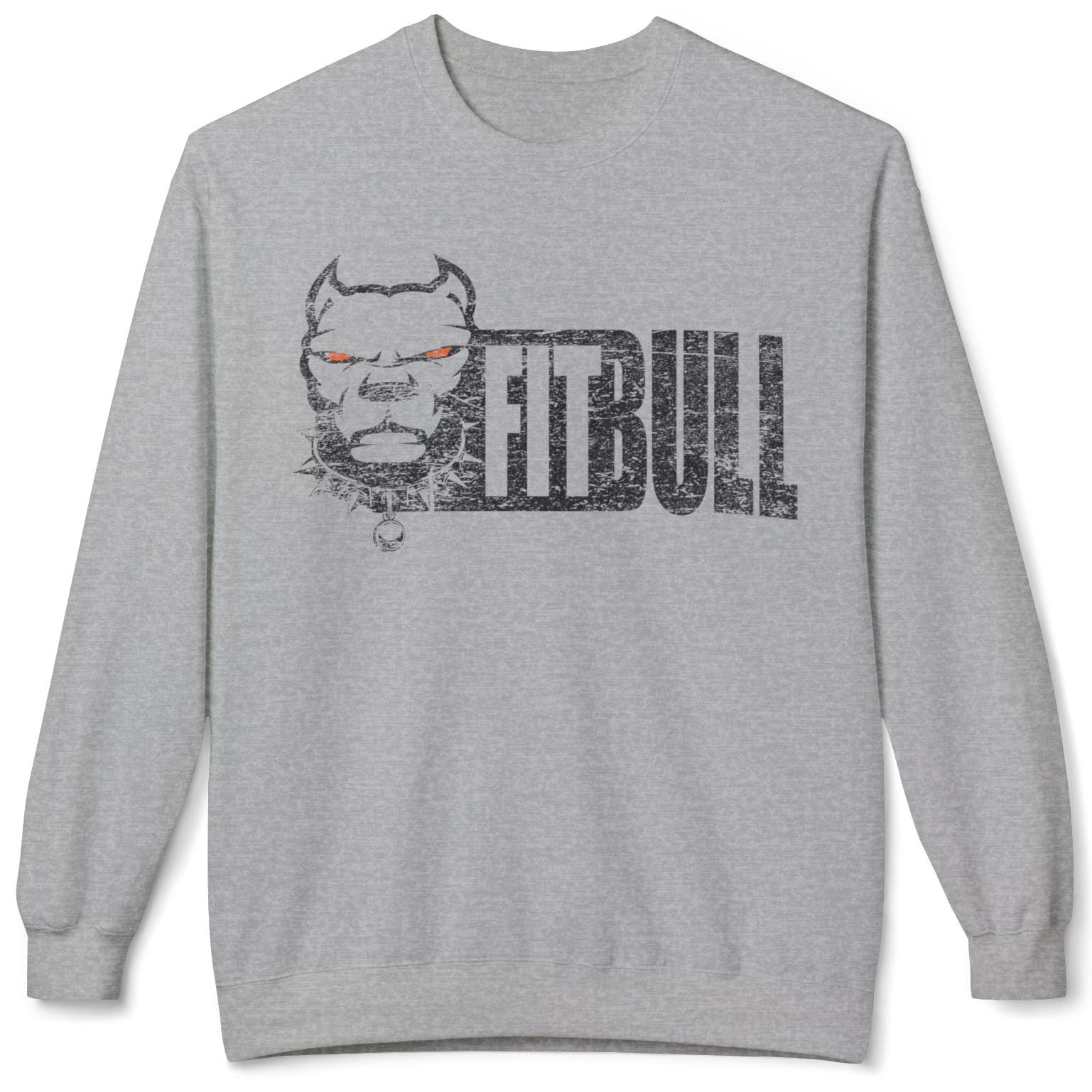 Gray bodybuilding sweatshirt with a graphic design of a dog face and 'FITBULL' text on a white background