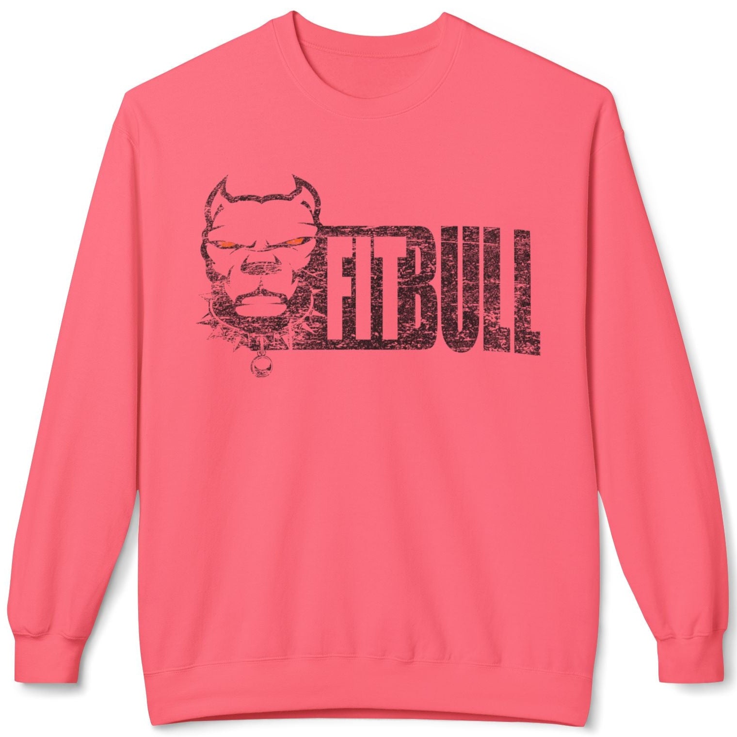Coral long-sleeve sweatshirt with 'fitbull' graphic on a white background
