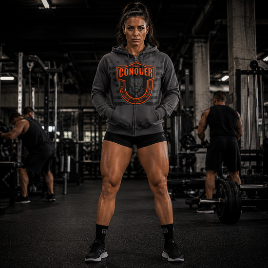 Woman in a Fitbull gym wearing a hoodie with 'Conquer' logo