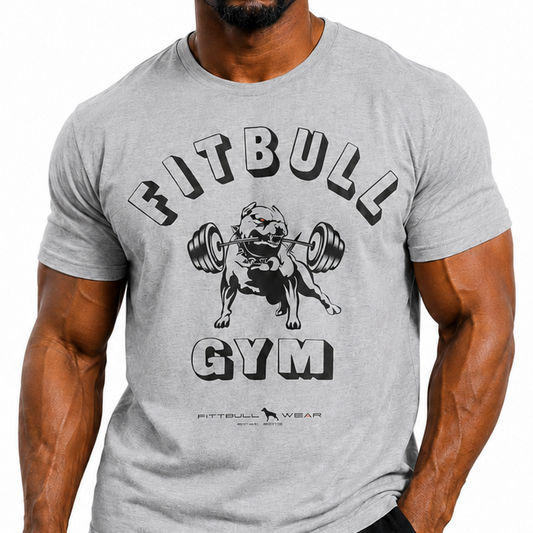 Man wearing a gray 'Fitbull Gym' t-shirt on a white background