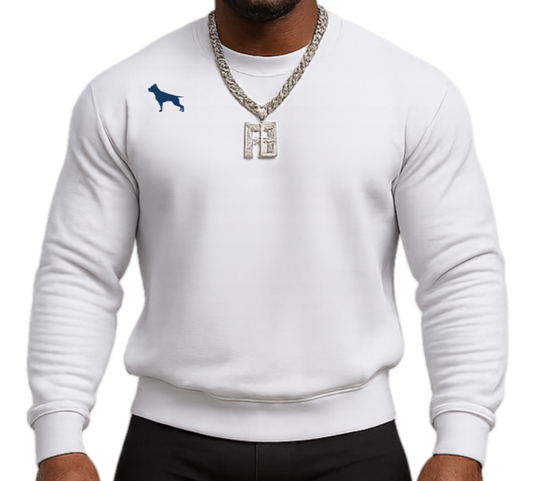 Man wearing a white, sports Fitbull sweatshirt and black Fitbull baseball cap.