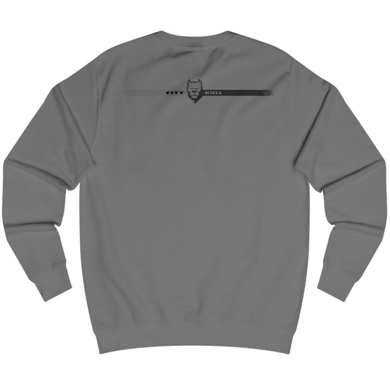 Gray Fitbull bodybuilding sweatshirt with a logo on the back against a white background
