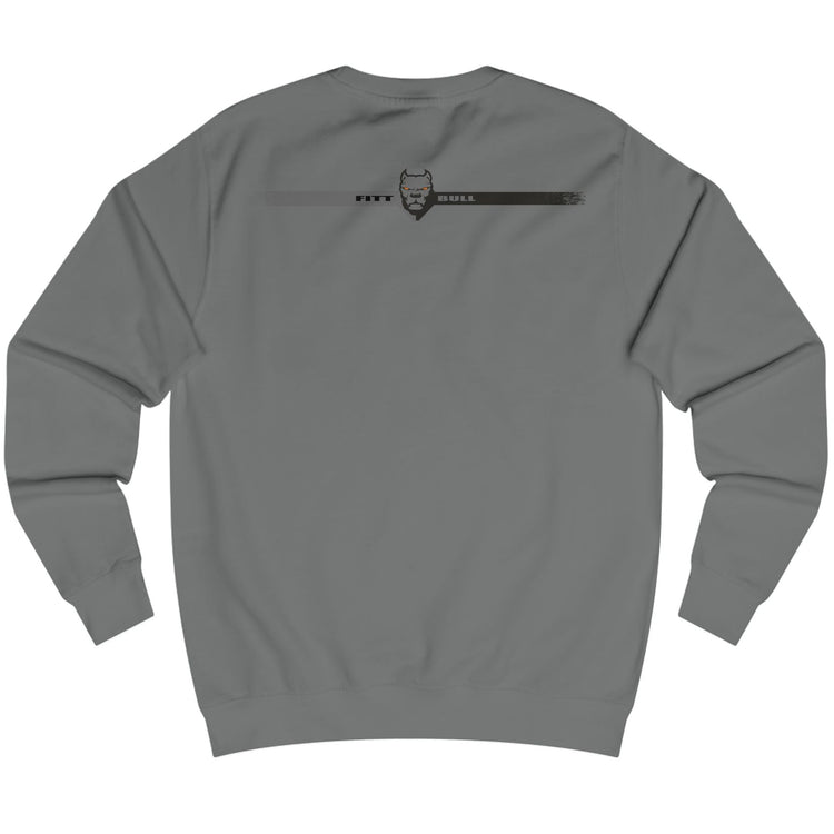 Gray Fitbull bodybuilding sweatshirt with a logo on the back against a white background