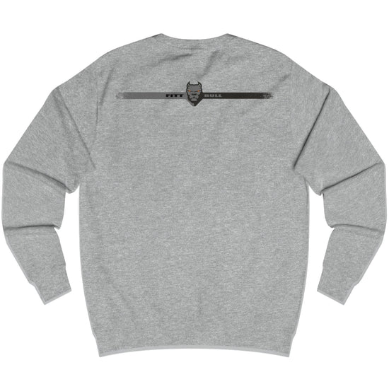 Gray Fitbull fitness sweatshirt with a logo on the back against a white background