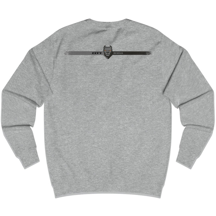 Gray Fitbull fitness sweatshirt with a logo on the back against a white background