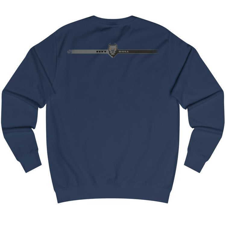 Navy blue Fitbull bodybulding sweatshirt with a logo on the chest area against a white background