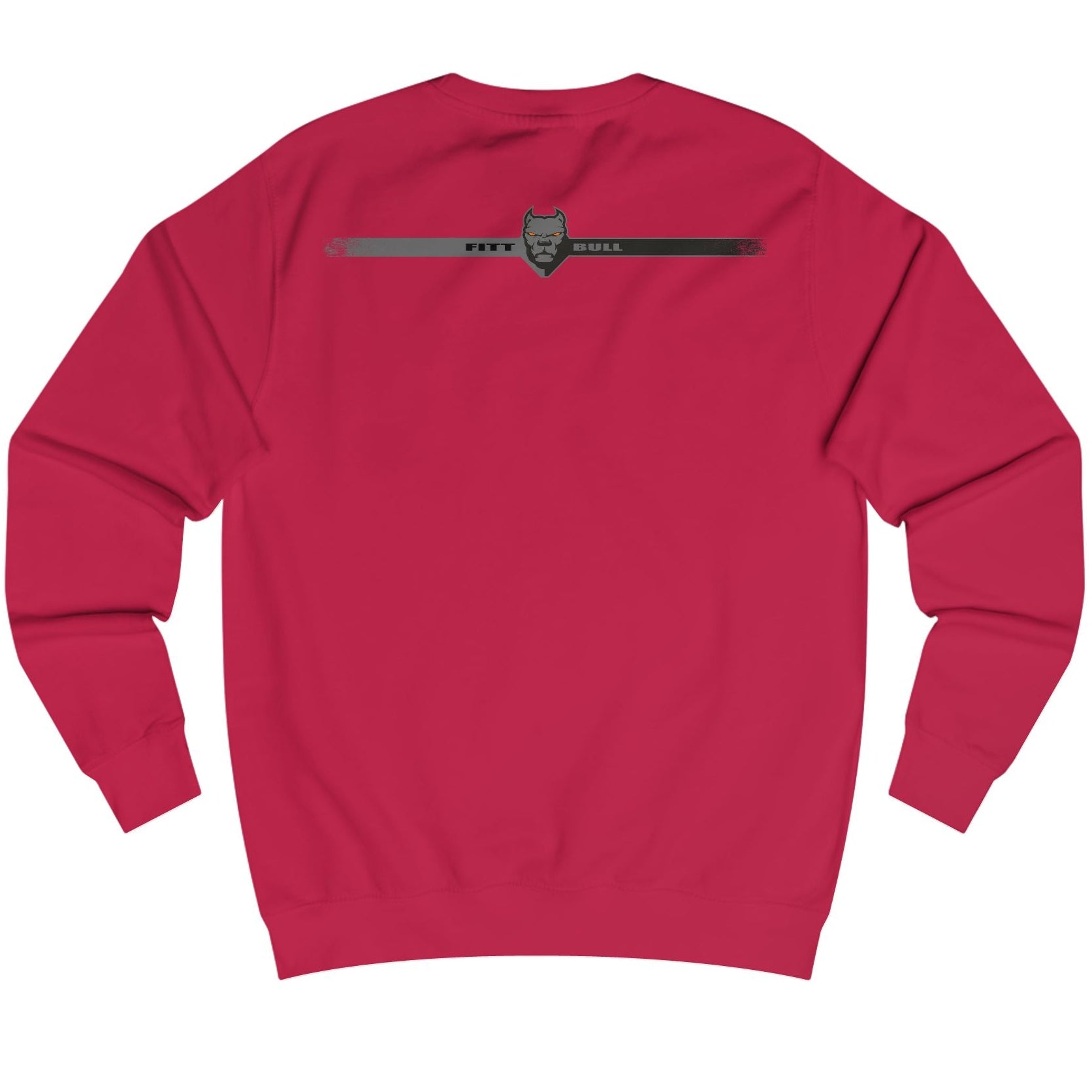 Red Fitbull bodybuilding sweatshirt with a logo on the back against a white background