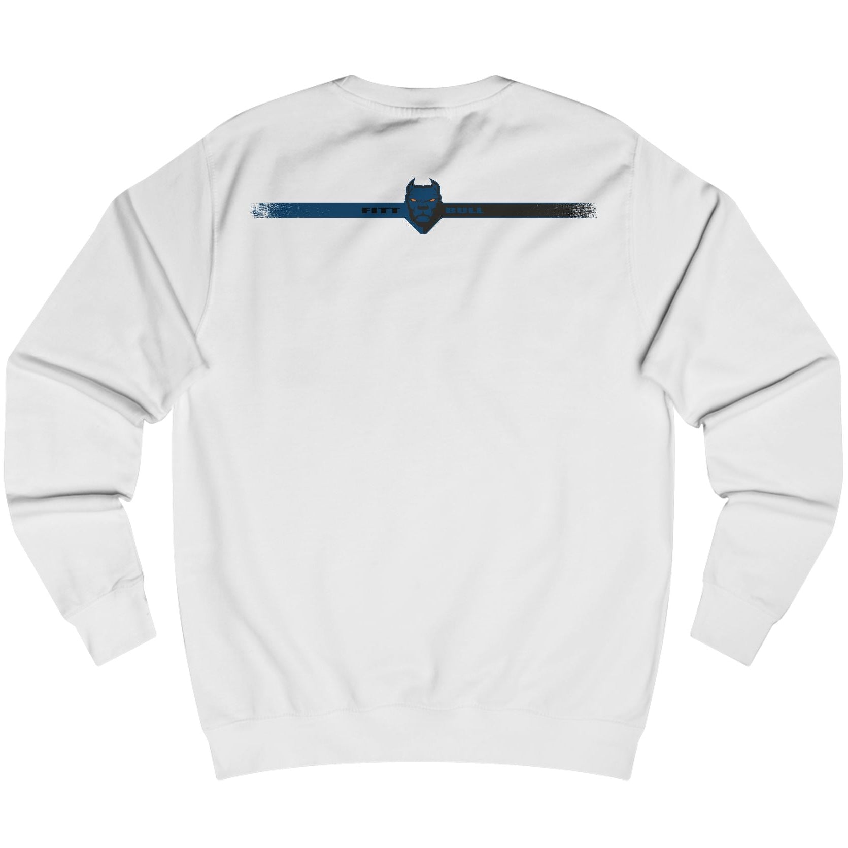 White fitbull fitness sweatshirt with a blue graphic on the back against a white background