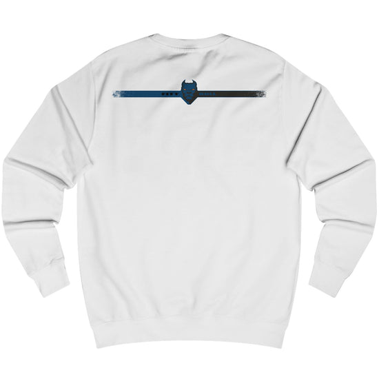 White fitbull fitness sweatshirt with a blue graphic on the back against a white background