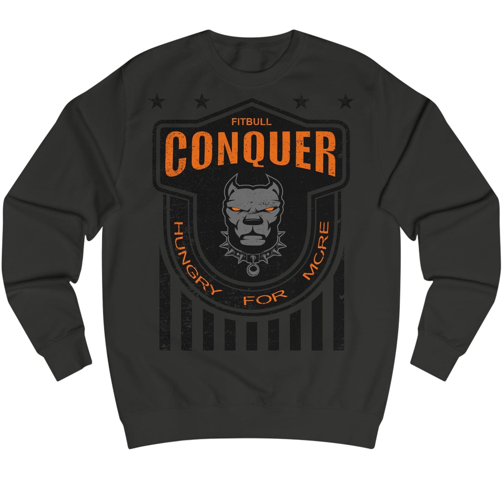 Black Fitbull bodybuilding sweatshirt with orange and white graphic design on a white background