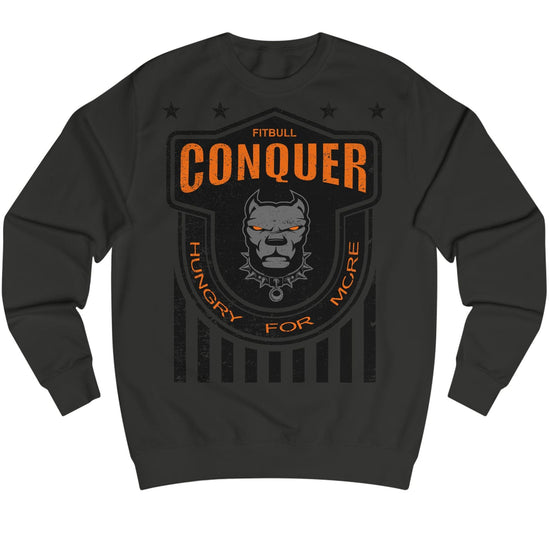Black Fitbull bodybuilding sweatshirt with orange and white graphic design on a white background
