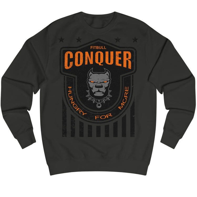 Black Fitbull bodybuilding sweatshirt with orange and white graphic design on a white background