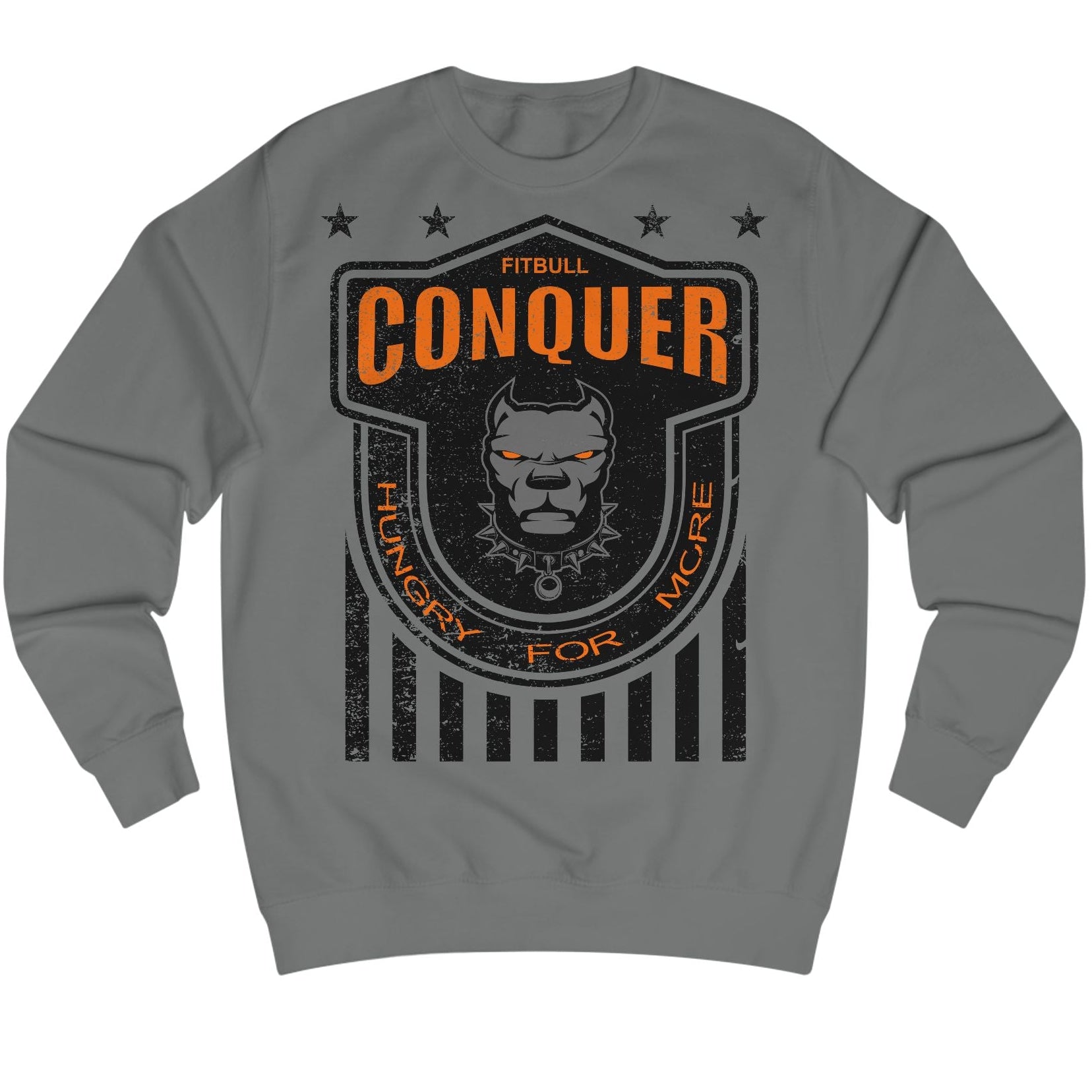 Gray Fitbull fitness sweatshirt with 'Conquer' graphic design on a white background