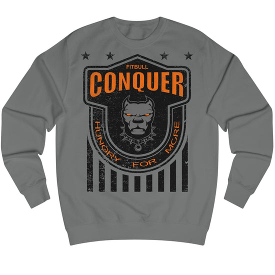 Gray Fitbull fitness sweatshirt with 'Conquer' graphic design on a white background