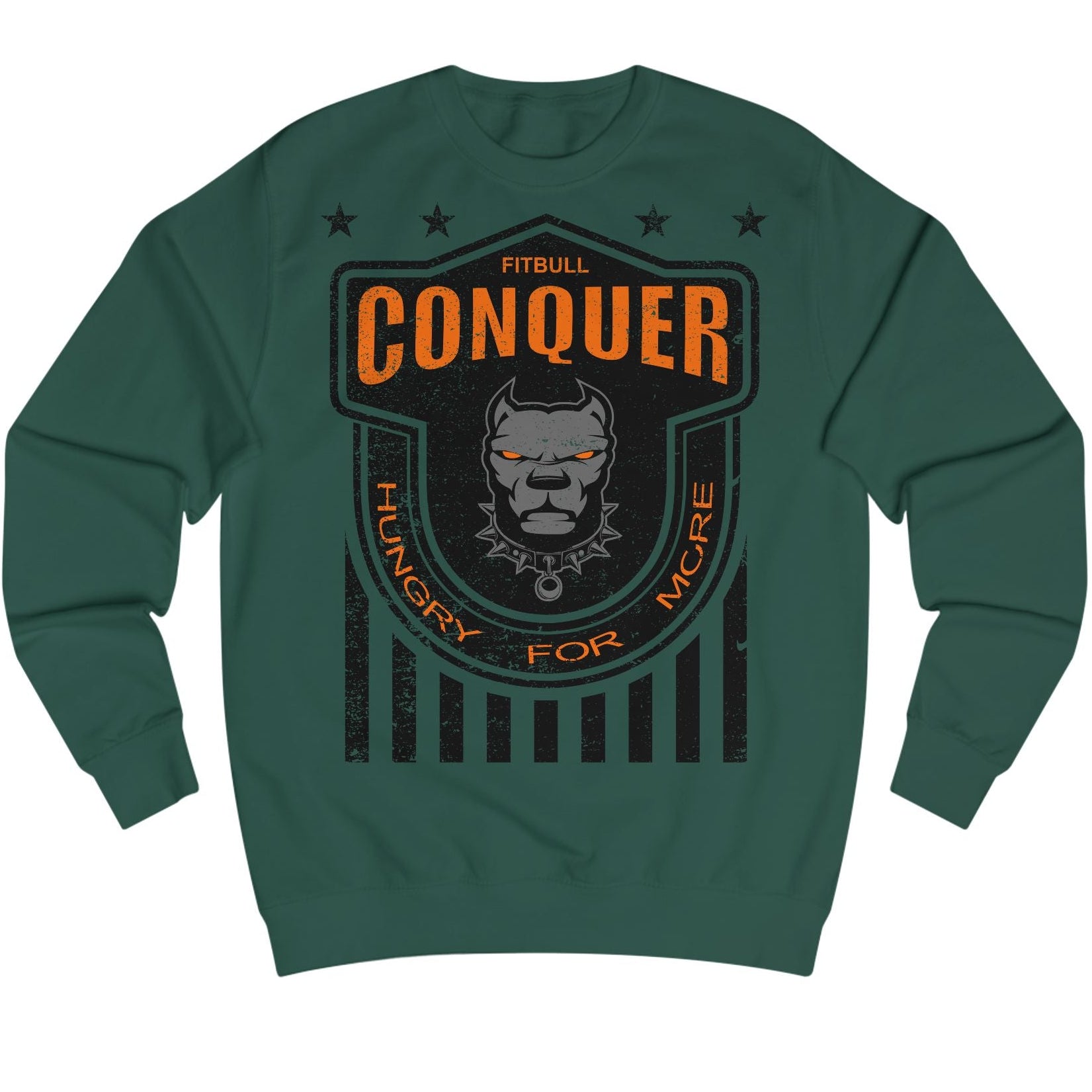 Green Fitbull fitness sweatshirt with 'Conquer' graphic design on a white background