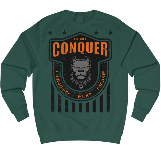 Green Fitbull fitness sweatshirt with 'Conquer' graphic design on a white background
