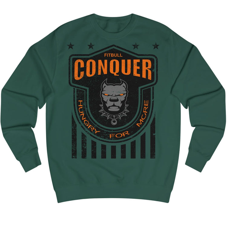 Green Fitbull fitness sweatshirt with 'Conquer' graphic design on a white background
