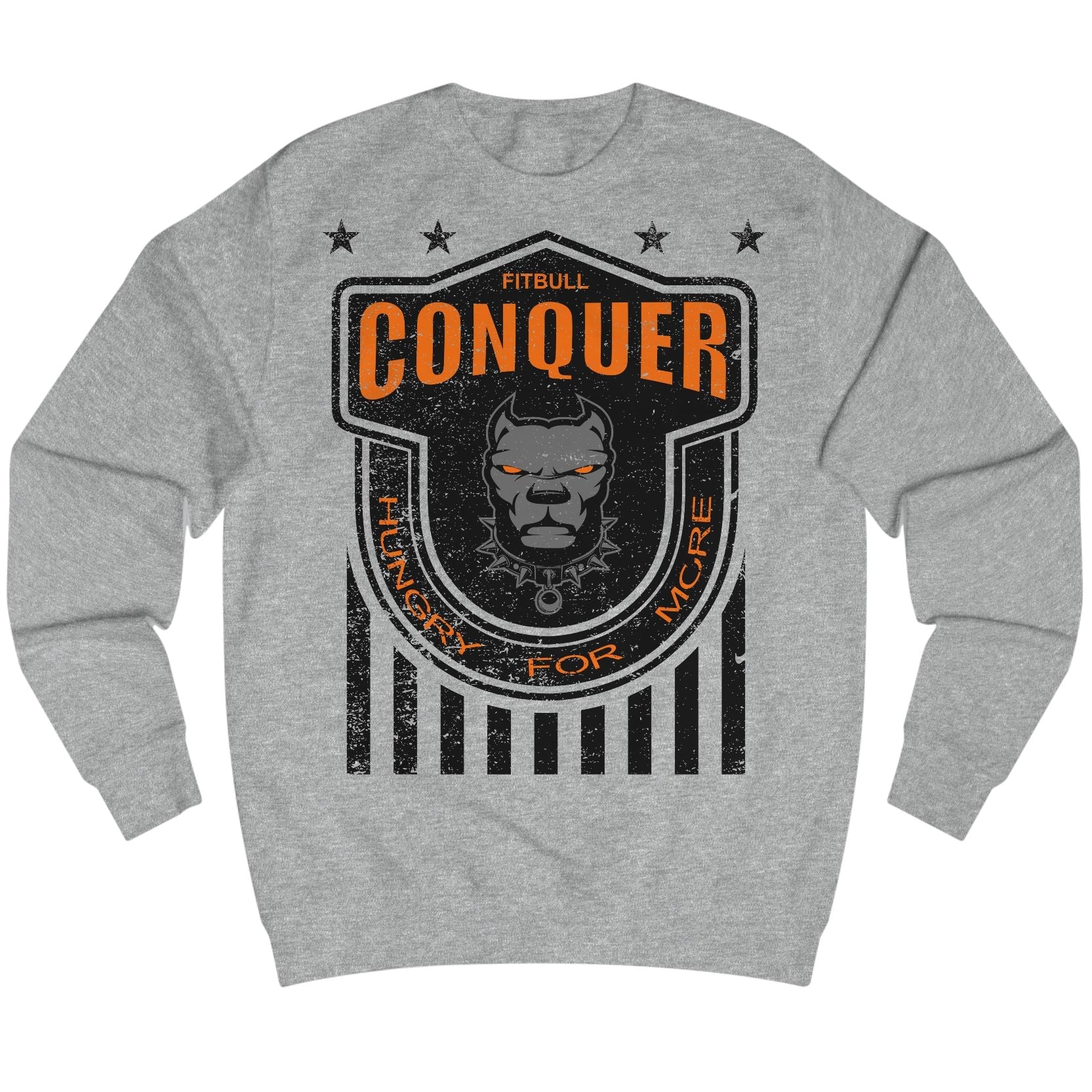 Gray Fitbull fitness sweatshirt with 'Conquer' graphic design on a white background
