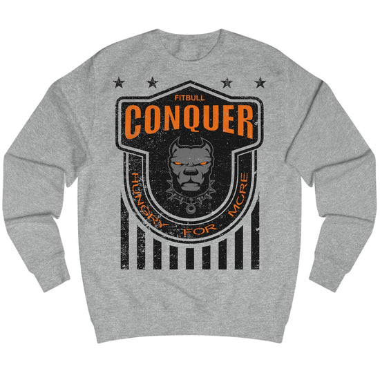 Gray Fitbull fitness sweatshirt with 'Conquer' graphic design on a white background