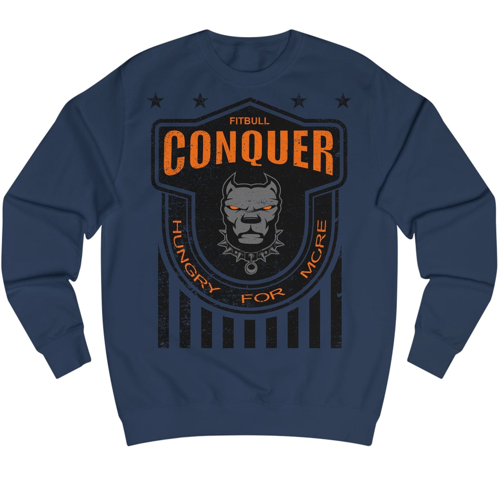 Navy blue Fitbull bodybuilding sweatshirt with graphic design and text on a white background