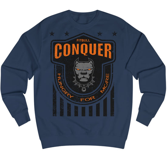 Navy blue Fitbull bodybuilding sweatshirt with graphic design and text on a white background