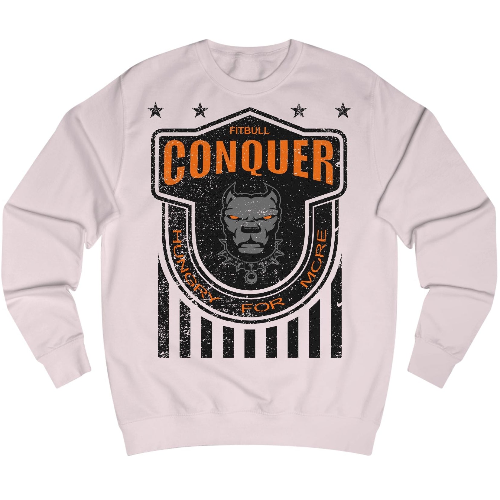 Pink Fitbull fitness sweatshirt with 'Conquer' graphic design on a white background