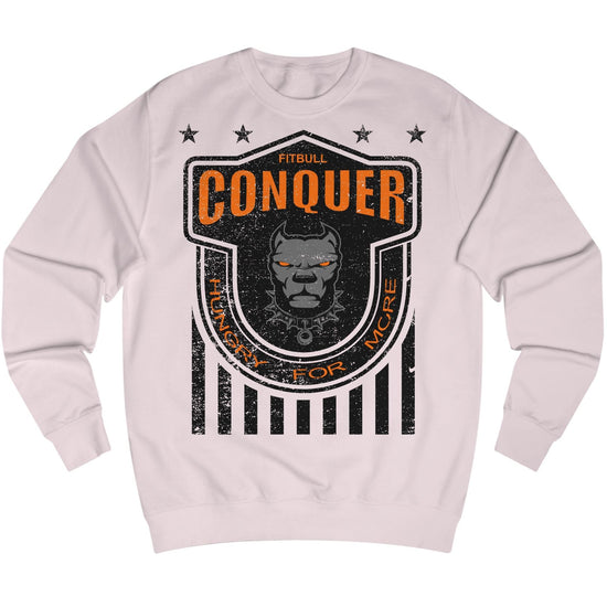 Pink Fitbull fitness sweatshirt with 'Conquer' graphic design on a white background