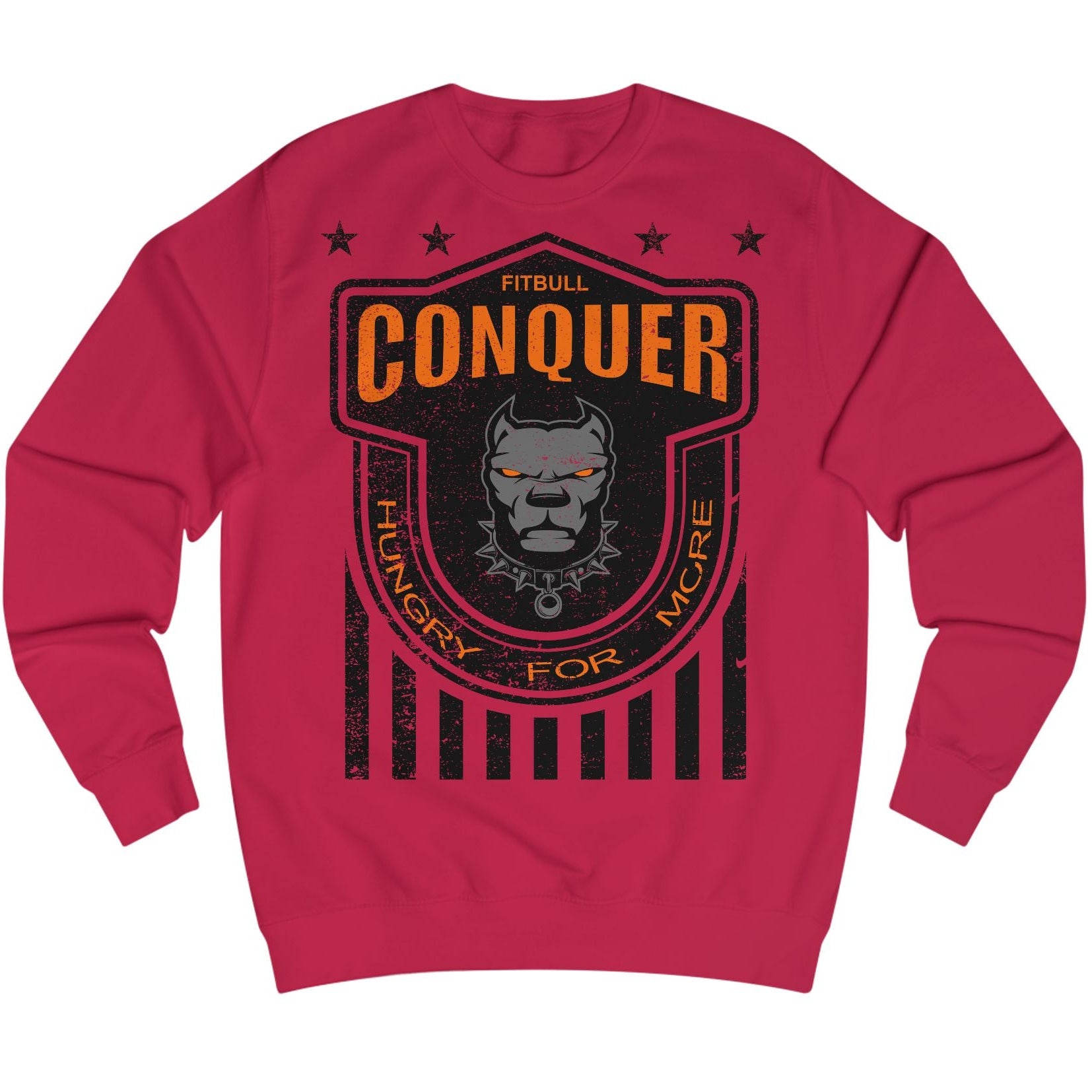 Red Fitbull fitness sweatshirt with 'Conquer' graphic design on a white background