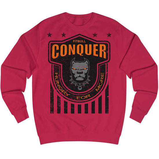Red Fitbull fitness sweatshirt with 'Conquer' graphic design on a white background